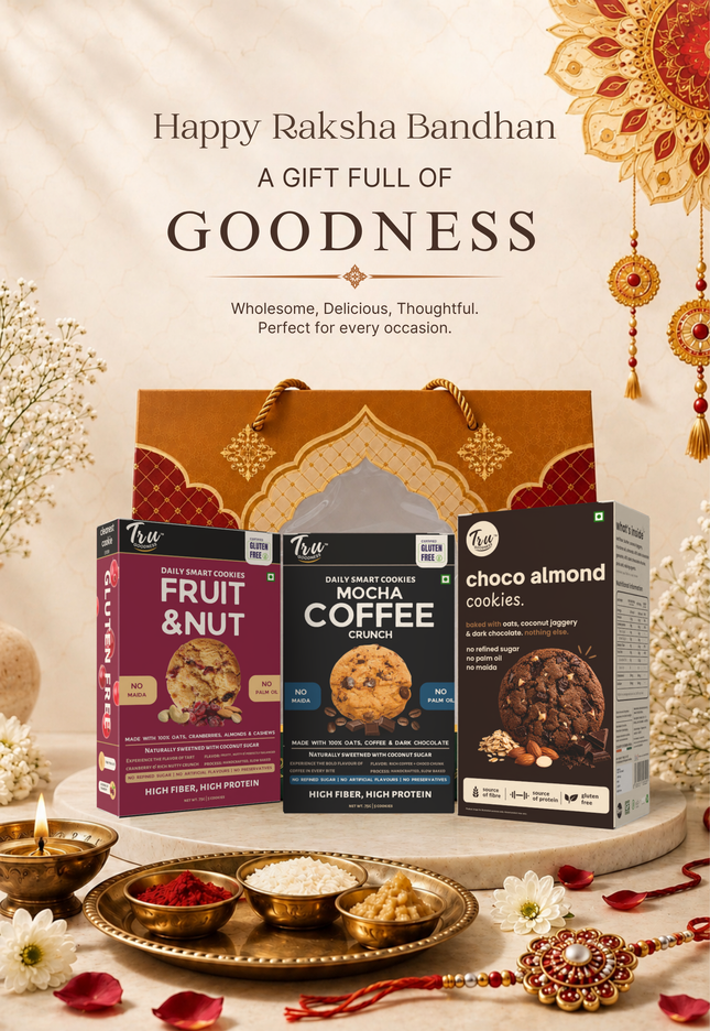 TruGoodness Rakhi Hamper – Choco Almond, Mocha Coffee & Fruit & Nut