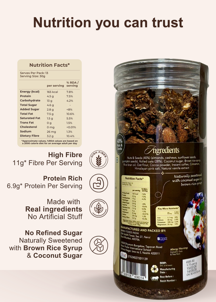 TruGoodness Dark Chocolate Granola Clusters | High Fibre, No Refined Sugar